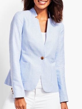 Talbots Aberdeen Stripe Lightweight Blazer Blue White Linen Cotton